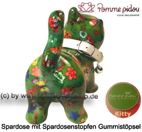 Spardose Spartier Pomme Pidou Katze Kitty dunkelgrün mit Schmetterlingen Keramik D