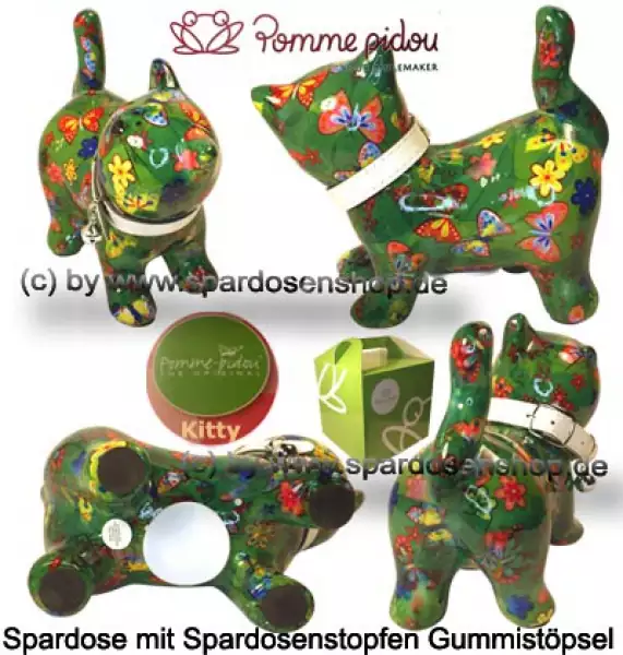 Spardose Spartier Pomme Pidou Katze Kitty dunkelgrün mit Schmetterlingen Keramik Gesamt