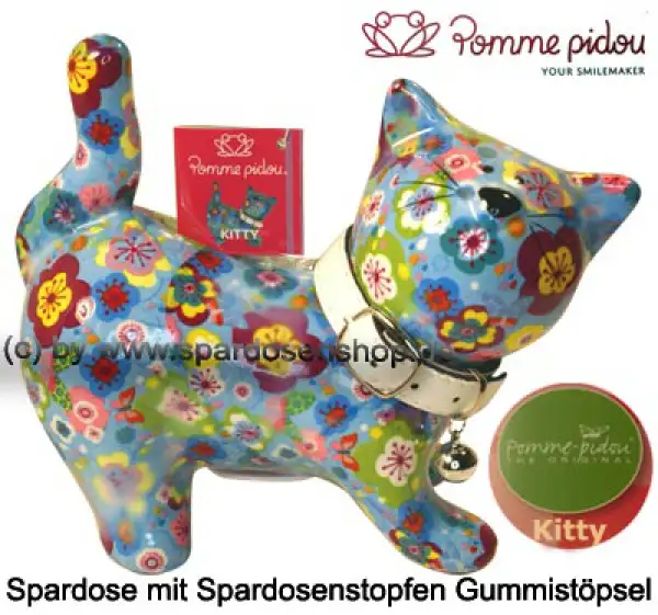 Spardose Spartier Pomme Pidou Katze Kitty hellblau mit Blumen Keramik A