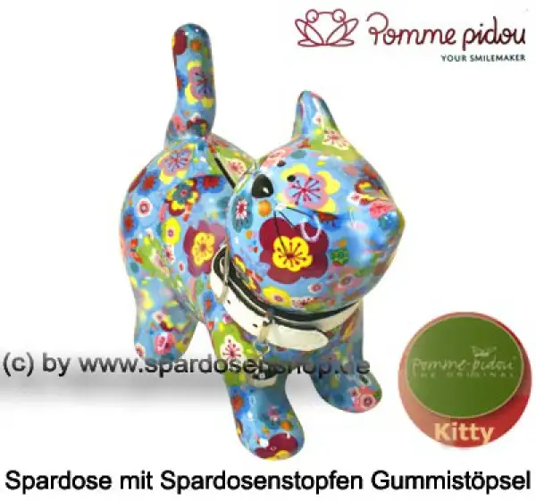 Spardose Spartier Pomme Pidou Katze Kitty hellblau mit Blumen Keramik B