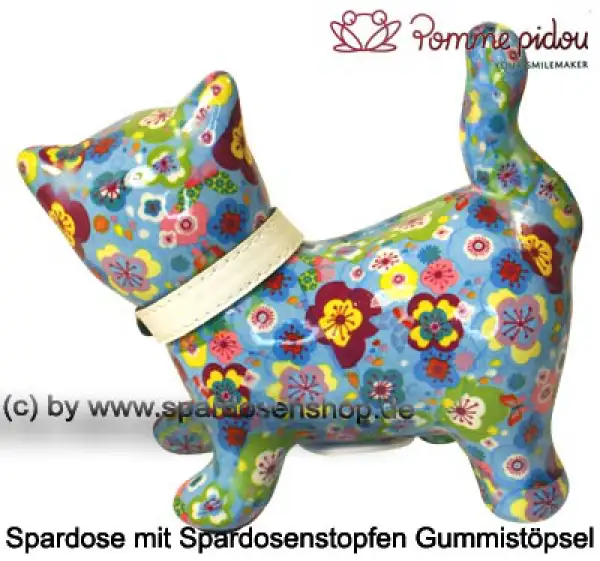 Spardose Spartier Pomme Pidou Katze Kitty hellblau mit Blumen Keramik C