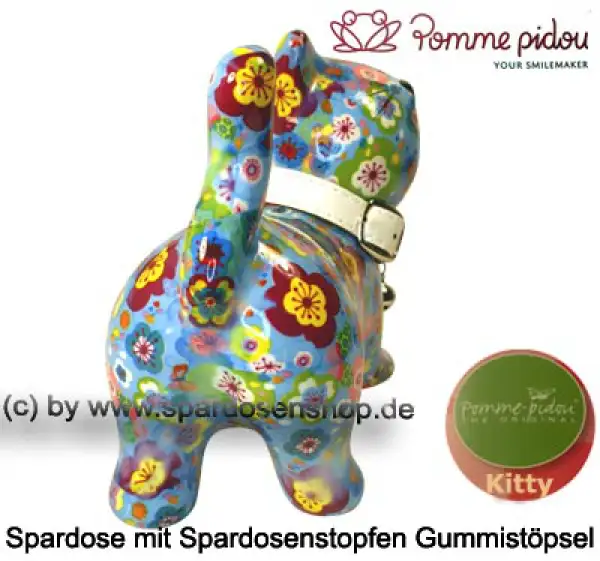 Spardose Spartier Pomme Pidou Katze Kitty hellblau mit Blumen Keramik D