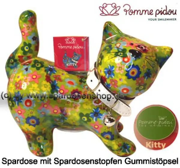 Spardose Spartier Pomme Pidou Katze Kitty hellgrün mit Blumen Keramik A