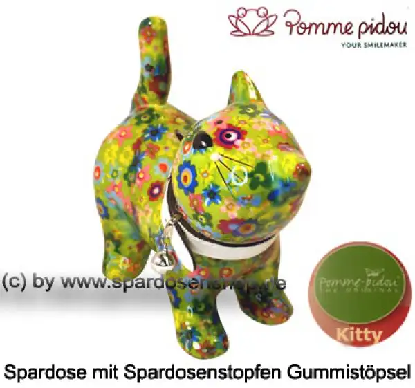 Spardose Spartier Pomme Pidou Katze Kitty hellgrün mit Blumen Keramik B