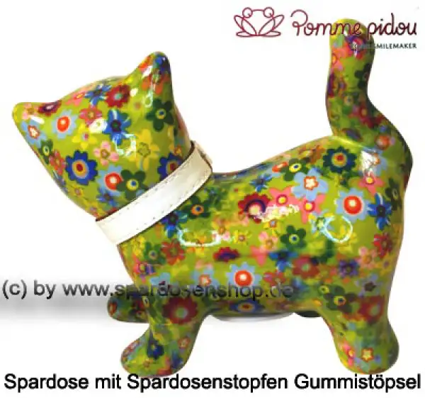 Spardose Spartier Pomme Pidou Katze Kitty hellgrün mit Blumen Keramik C