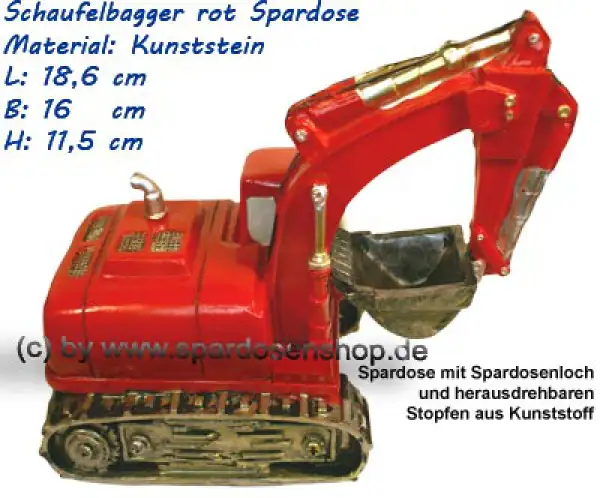 Schaufelbagger rot Spardose aus Kunststein B