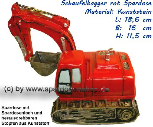 Schaufelbagger rot Spardose aus Kunststein C