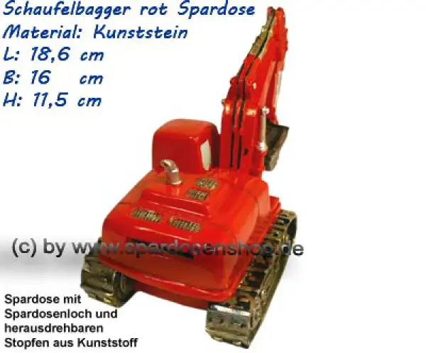 Schaufelbagger rot Spardose aus Kunststein D