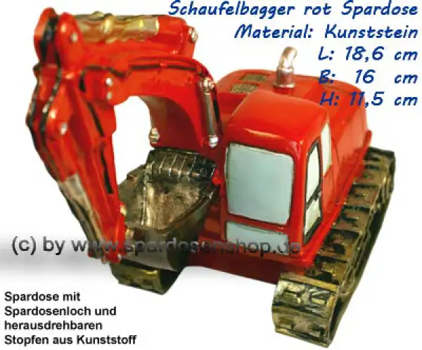 Schaufelbagger rot Spardose aus Kunststein E