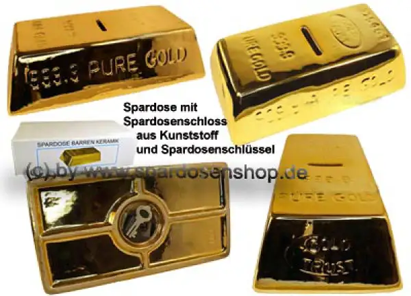 Spardose Goldbarren klein Keramik mit Spardosenschloss Gesamt