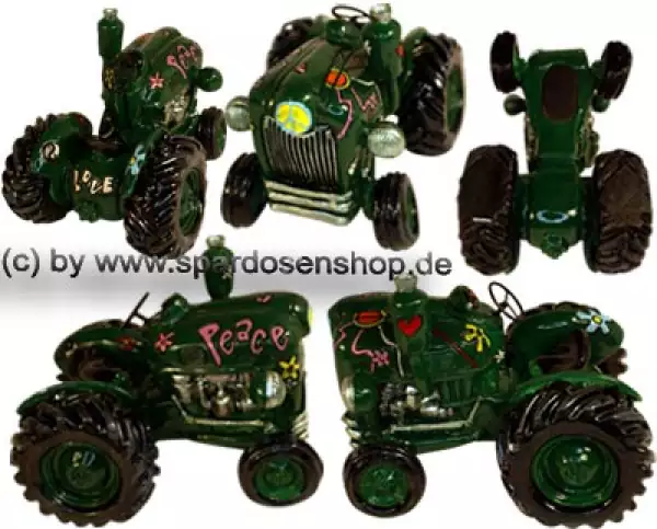Trecker Traktor Peace Spardose grün Kunststein Gesamt