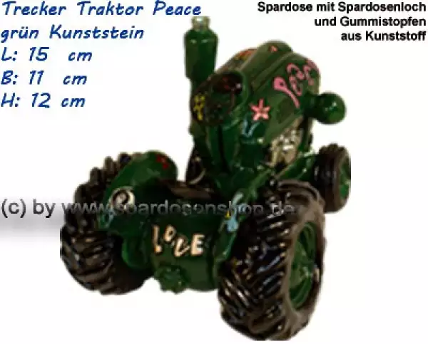 Trecker Traktor Peace Spardose grün Kunststein C