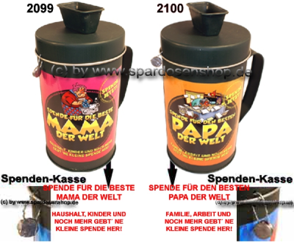 Spendenbox mit verplompten Deckel Aufkleber Beste Mama + Bester Papa