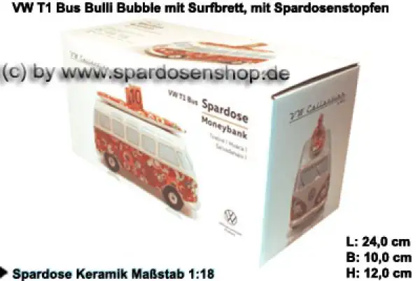 Spardose Auto VW T1 Samba Bus Bulli Bubble mit Surfbrett Verpackung Spardose Auto VW T1 Samba Bus Bulli Bubble mit Surfbrett Verpackung