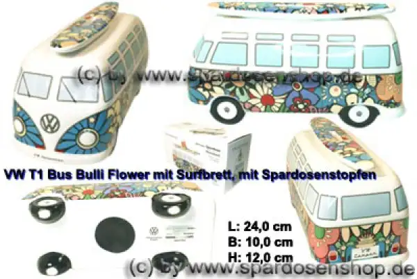 Spardose Auto VW T1 Samba Bus Bulli Flower mit Surfbrett Gesamt Spardose Auto VW T1 Samba Bus Bulli Flower mit Surfbrett Gesamt