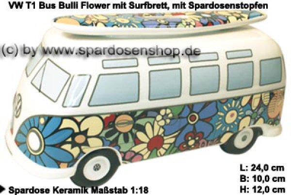 VW Bus Spardose Keramik im Love & Peace Design / Hippie-Design