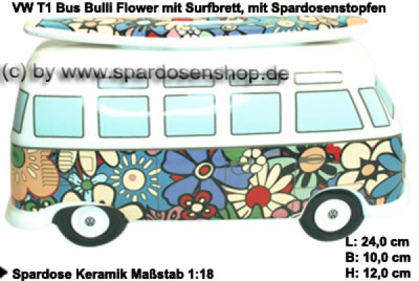VW T1 BUS SPARDOSE (MAßSTAB 1:18) MIT SURFBRETT IN GESCHENKBOX