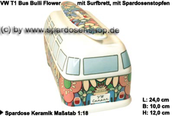 Sparschweine & Spardosen sowie Zubehör - Auto Bulli VW T1 Samba Bus Dekor  Flower mit Surfbrett Spardose 24 cm Farbe bunt aus Keramik mit  herausnehmbaren Gummistopfen, Gummistopfen, Spardosenstopfen