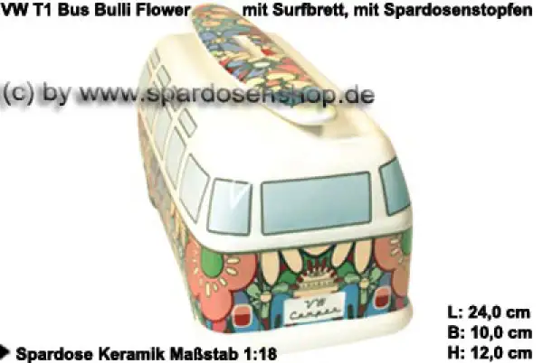 Spardose Auto VW T1 Samba Bus Bulli Flower mit Surfbrett D Spardose Auto VW T1 Samba Bus Bulli Flower mit Surfbrett D