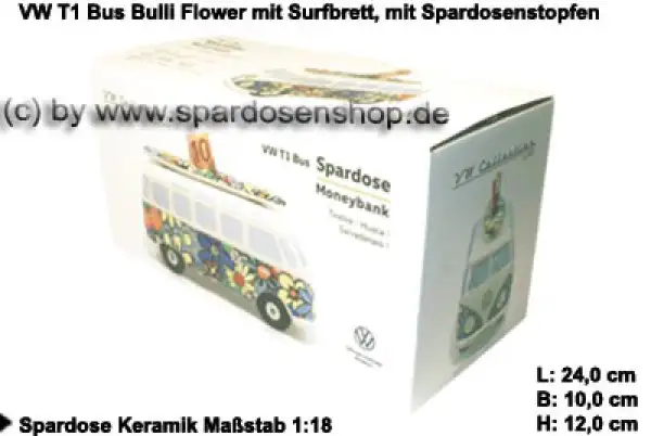 Spardose Auto VW T1 Samba Bus Bulli Flower mit Surfbrett Verpackung Spardose Auto VW T1 Samba Bus Bulli Flower mit Surfbrett Verpackung