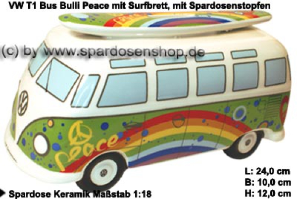 VW T1 Bulli Bus Spardose mit Surfbrett (1:18)