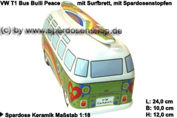 Sparschweine & Spardosen sowie Zubehör - Auto Bulli VW T1 Samba Bus Dekor  Peace mit Surfbrett Spardose 24 cm Farbe grün/ bunt aus Keramik mit herausnehmbaren  Gummistopfen, Gummistopfen, Spardosenstopfen