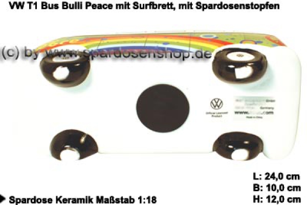 Sparschweine & Spardosen sowie Zubehör - Auto Bulli VW T1 Samba Bus Dekor  Peace mit Surfbrett Spardose 24 cm Farbe grün/ bunt aus Keramik mit herausnehmbaren  Gummistopfen, Gummistopfen, Spardosenstopfen