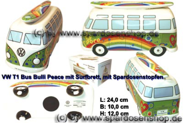 Sparschweine & Spardosen sowie Zubehör - Auto Bulli VW T1 Samba Bus Dekor  Peace mit Surfbrett Spardose 24 cm Farbe grün/ bunt aus Keramik mit  herausnehmbaren Gummistopfen, Gummistopfen, Spardosenstopfen