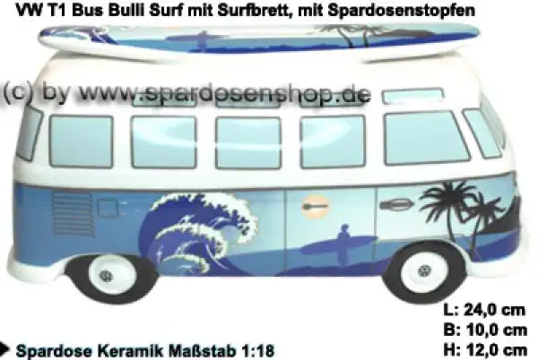 Spardose Auto VW T1 Samba Bus Bulli Surf mit Surfbrett C Spardose Auto VW T1 Samba Bus Bulli Surf mit Surfbrett C