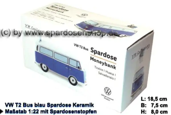 Spardose Auto VW T2 Bus blau Bulli Verpackung Spardose Auto VW T2 Bus blau Bulli Verpackung