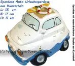 Spardose Auto Urlaubsspardose weiß/ bunt aus Kunststein mit Spardosenverschluss Maße ca.: L= 15 cm